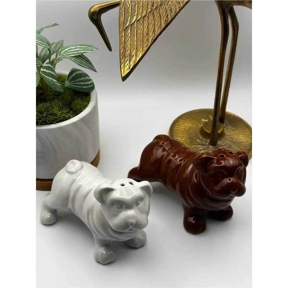 Ceramic Bulldog Salt & Pepper Shaker Set Brown & White Dog Kitchen Decor